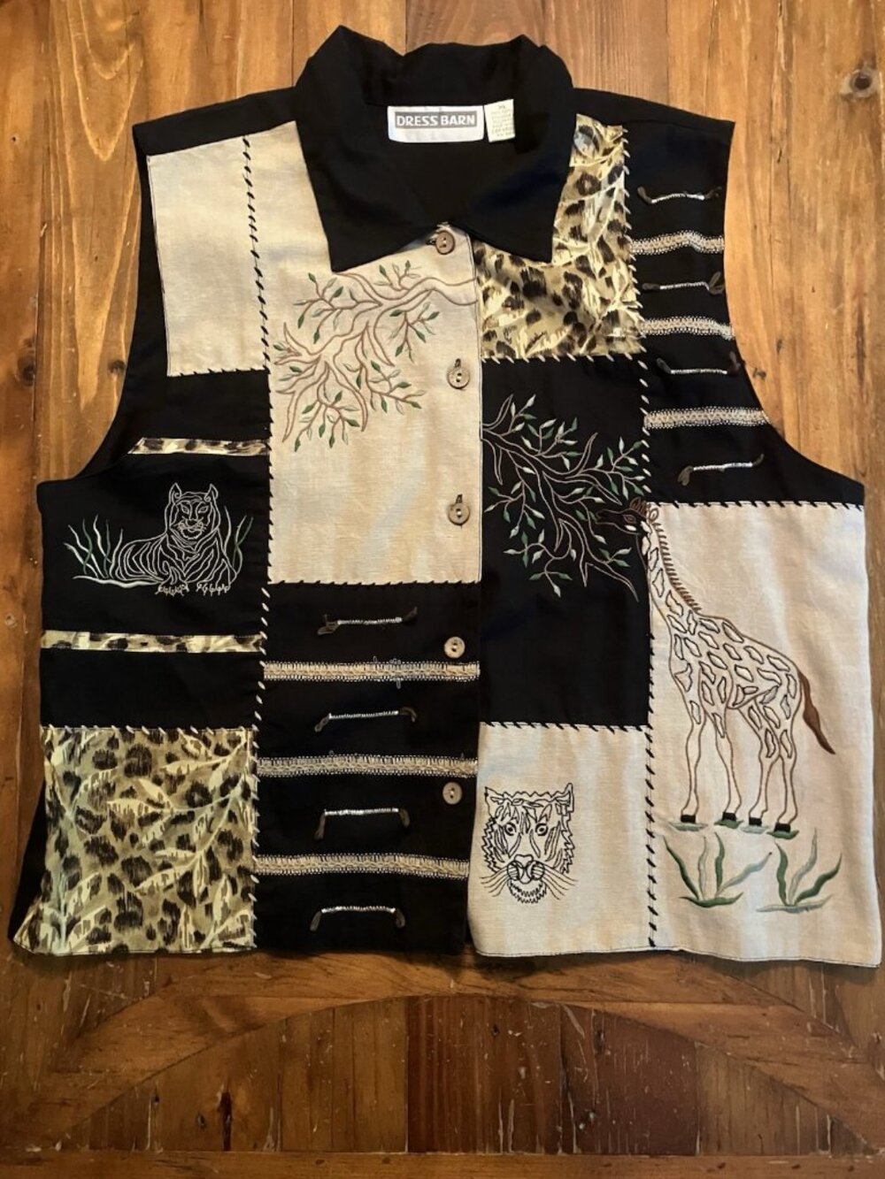 Vintage Dressbarn Patchwork Vest XL Giraffe Tiger Cheetah Tan Black Safari 90's